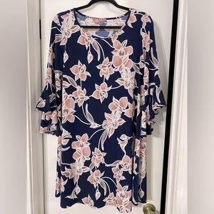 Navy & Pink Floral Dress w/ Bell Sleeves